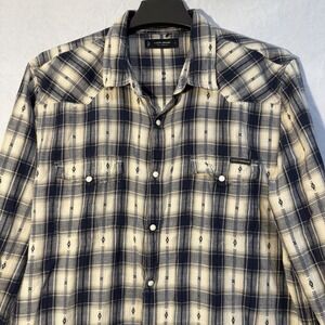 lucky brand plaid pearl snap Long Sleeve Aztec Pattern Western Shirt Blue White